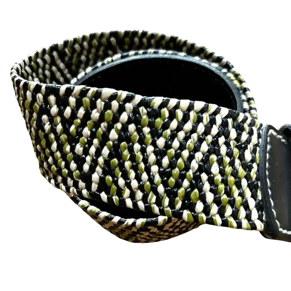 Woven belt with silvertone buckle black khaki & tan stretch casual geometric S